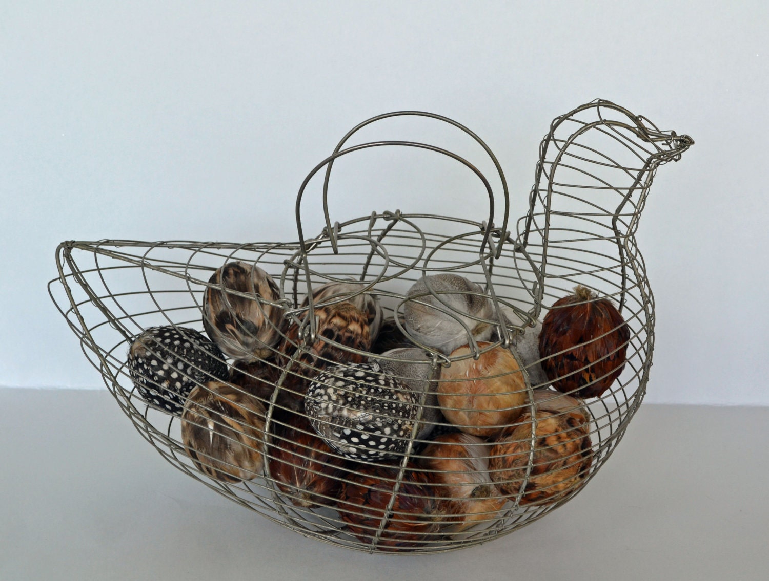 Vintage Wire Chicken Egg Basket with Feather Covered Eggs