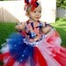 Beautiful Patriotic 4th of July. Corset top, Arm Sleeves, Hairclip, 3 tiered VERY full skirt. Size 12m-5T