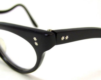 Rare 1950s Cats Eye Eyeglasses // 50s Vintage Frames // Black // France