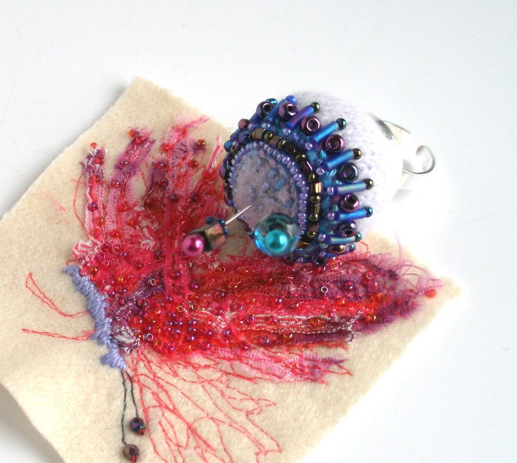 Beaded Pincushion Ring in Lavender and Blue