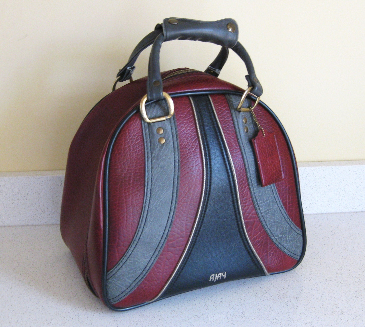 Vintage AJAY Bowling Ball Bag Burgundy Gray and Black