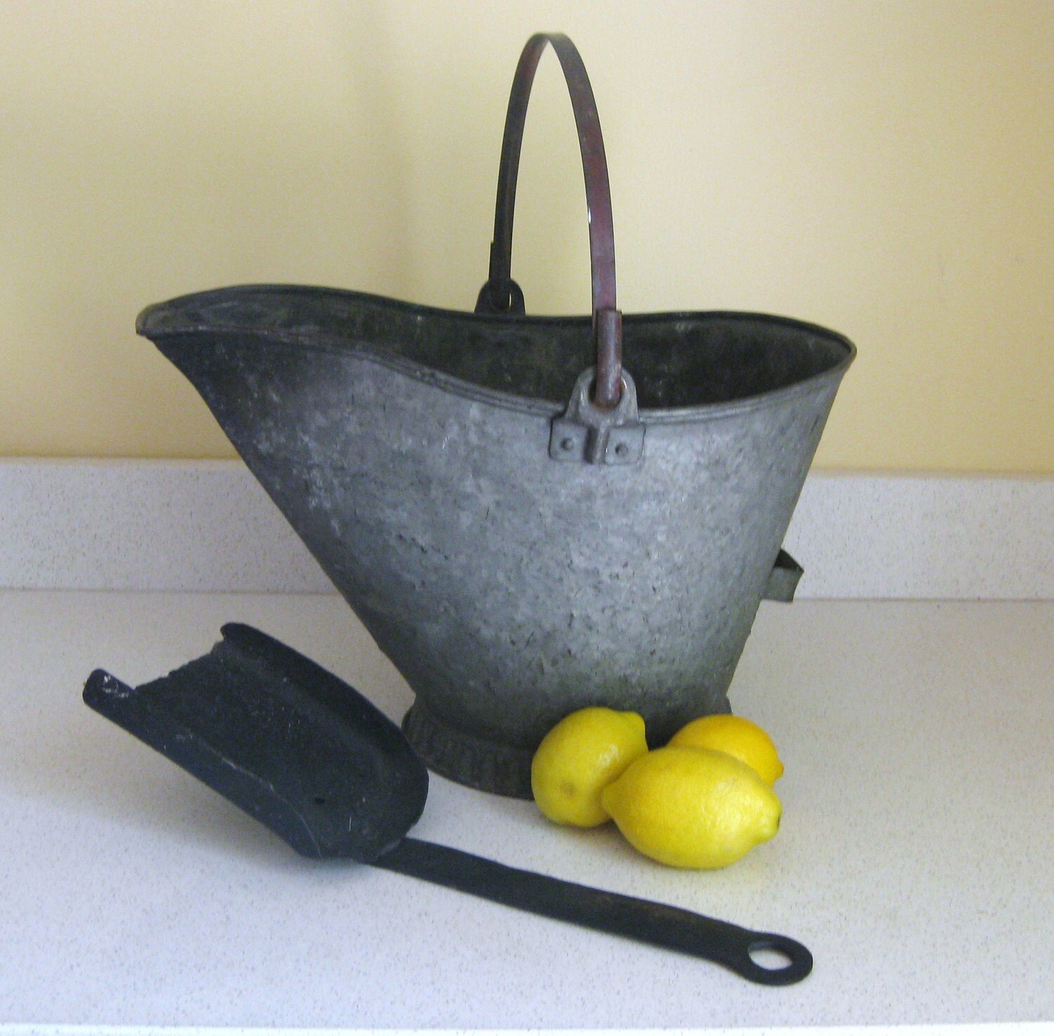 Vintage Galvinzed Metal Coal Bucket with Shovel