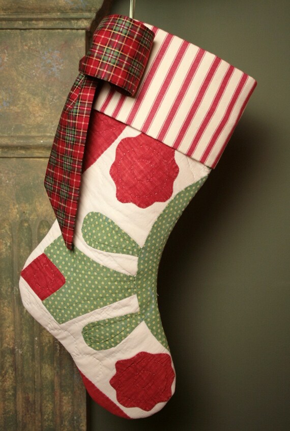 Red and Green Antique 1800s Quilt Christmas Stocking Ticking