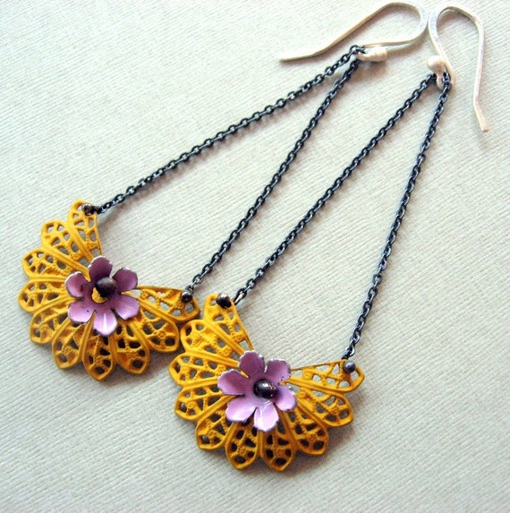 Mustard filigree earrings Sterling silver Oxidized by lunahoo