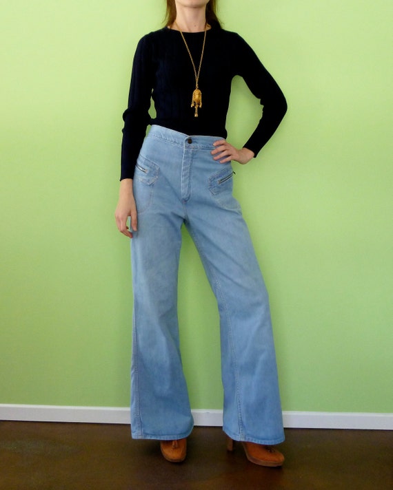 Bell Bottom Jeans 1970s Vintage Light Wash Denim High Waisted