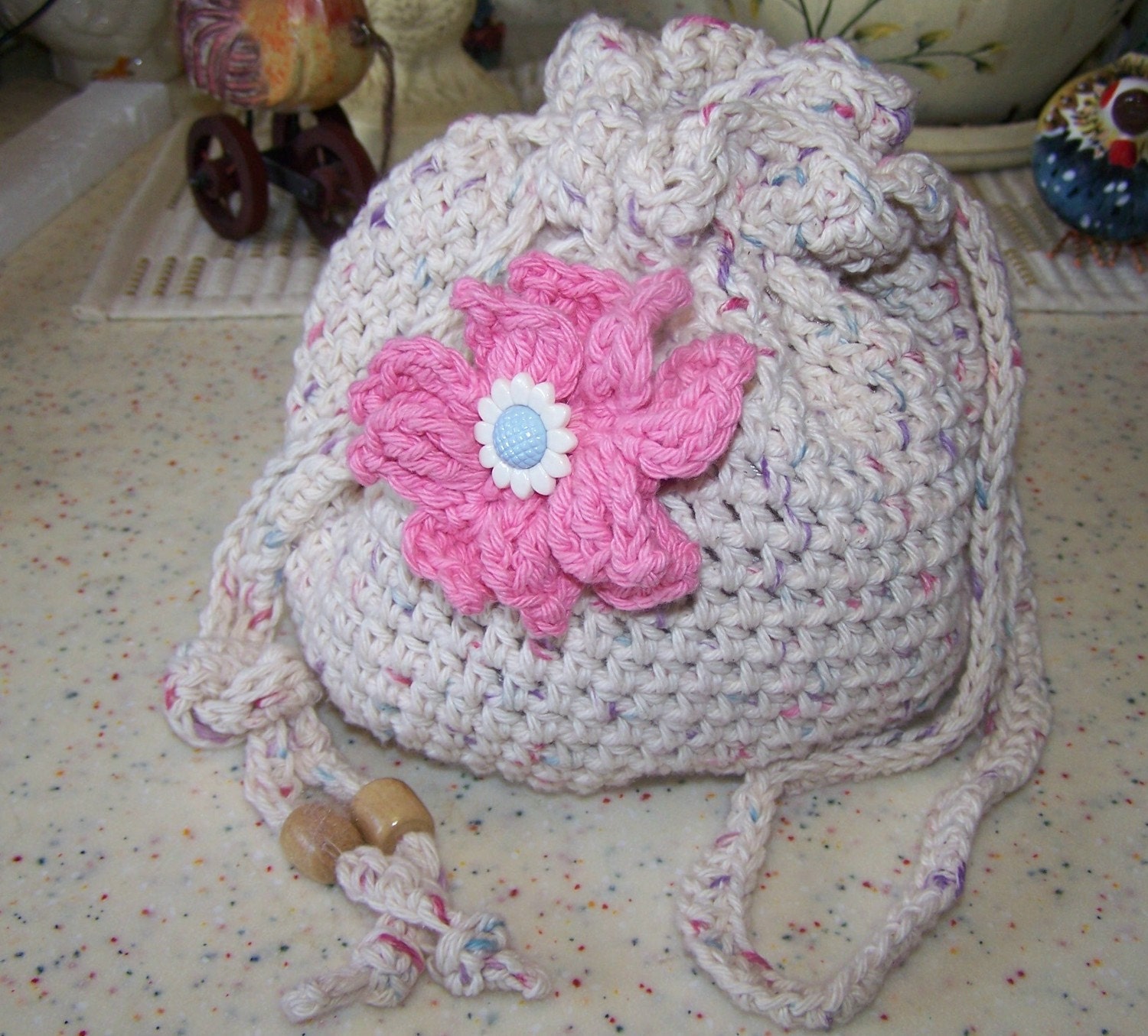 Tan Hand Crochet small drawstring bag free shipping