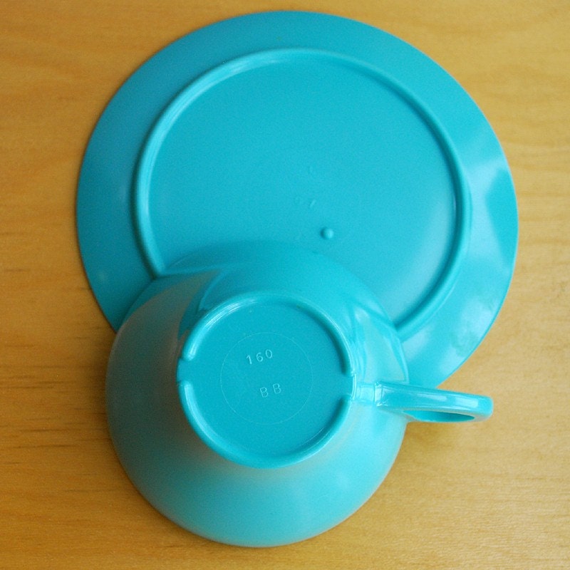 Vintage Turquoise Blue Melamine Tea Cup And Saucer Set