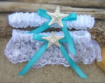 Beach Wedding Starfish Garter Set,Something Blue,Beach Bridal Garter,Destination Weddings, Mermaids,Aqua Blue Weddings,Blue Garters,Bridal