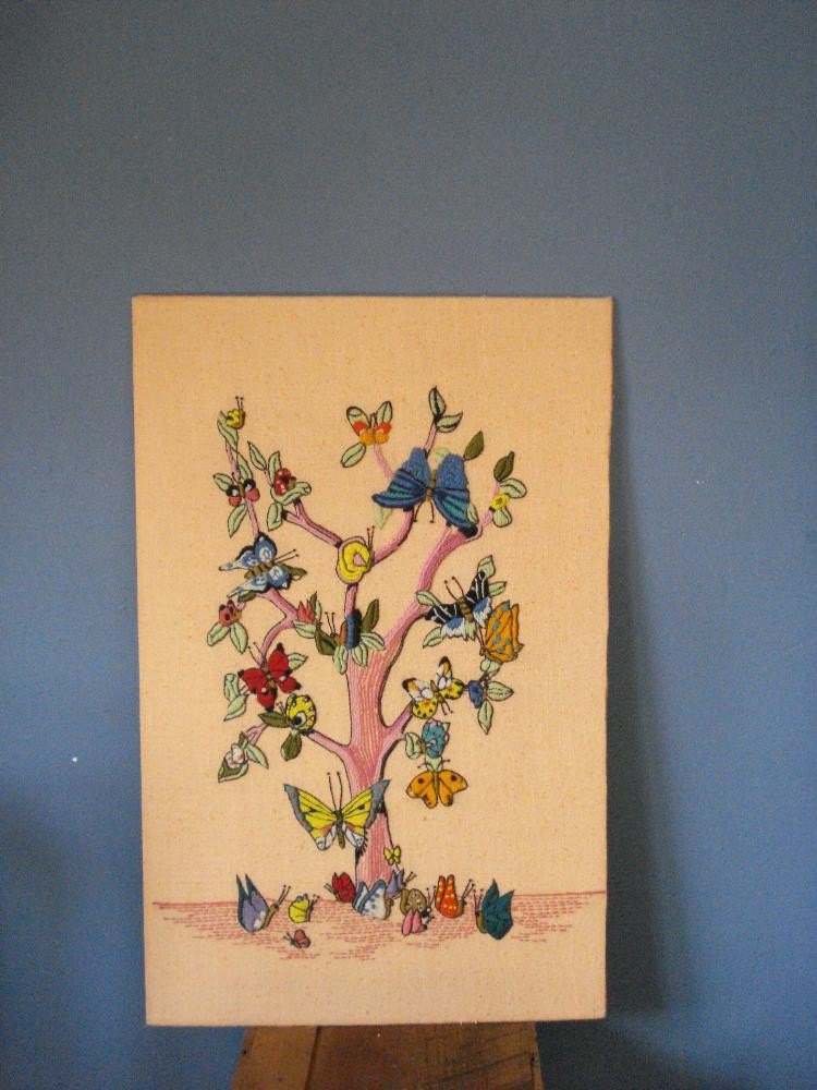 SALE Butterfly Tree Vintage Crewel Art for Your Wall