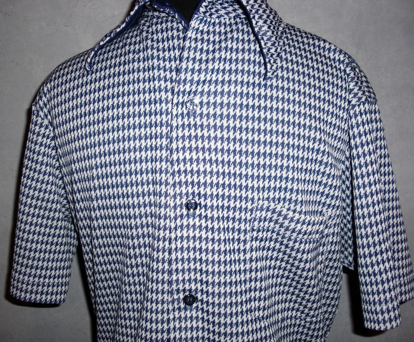 70's Navy and White Houndstooth Men's Vintage Shirt by