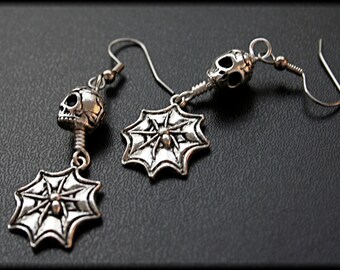 Silver Sugar Skull Earrings, Spider Web Earrings