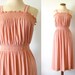 1970s Sundress Smocked Midi Peach Boho Terry Summer Sun Dress High Waist Vintage 70s Gathered Bodice Straight Skirt S M Small Medium
