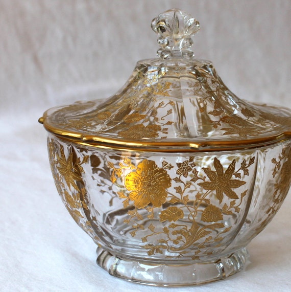 Beautiful Gold Embossed Glass Candy Dish Vintage Golden