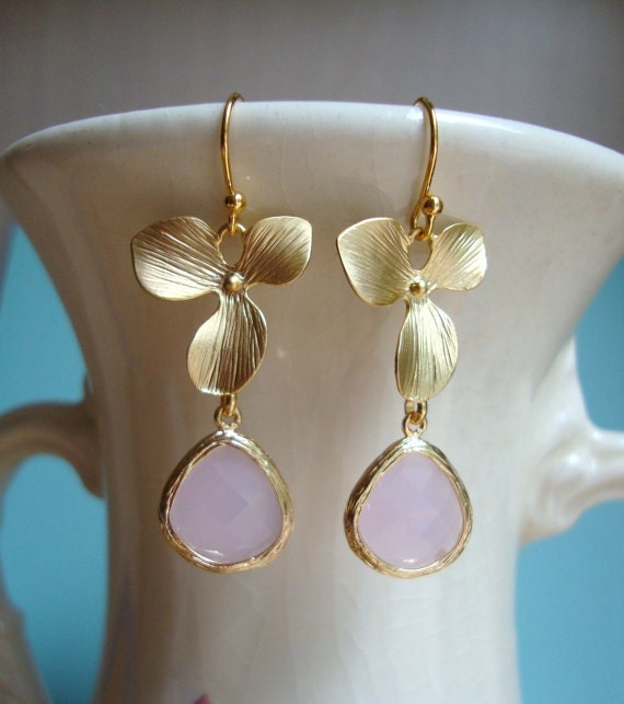 Matte Gold Orchid and Pink Glass Dangle by JocelynBrownJewelry