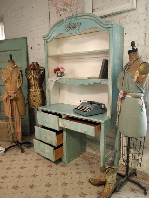 Vintage Painted Cottage Shabby Aqua Chic Desk with Hutch DK124