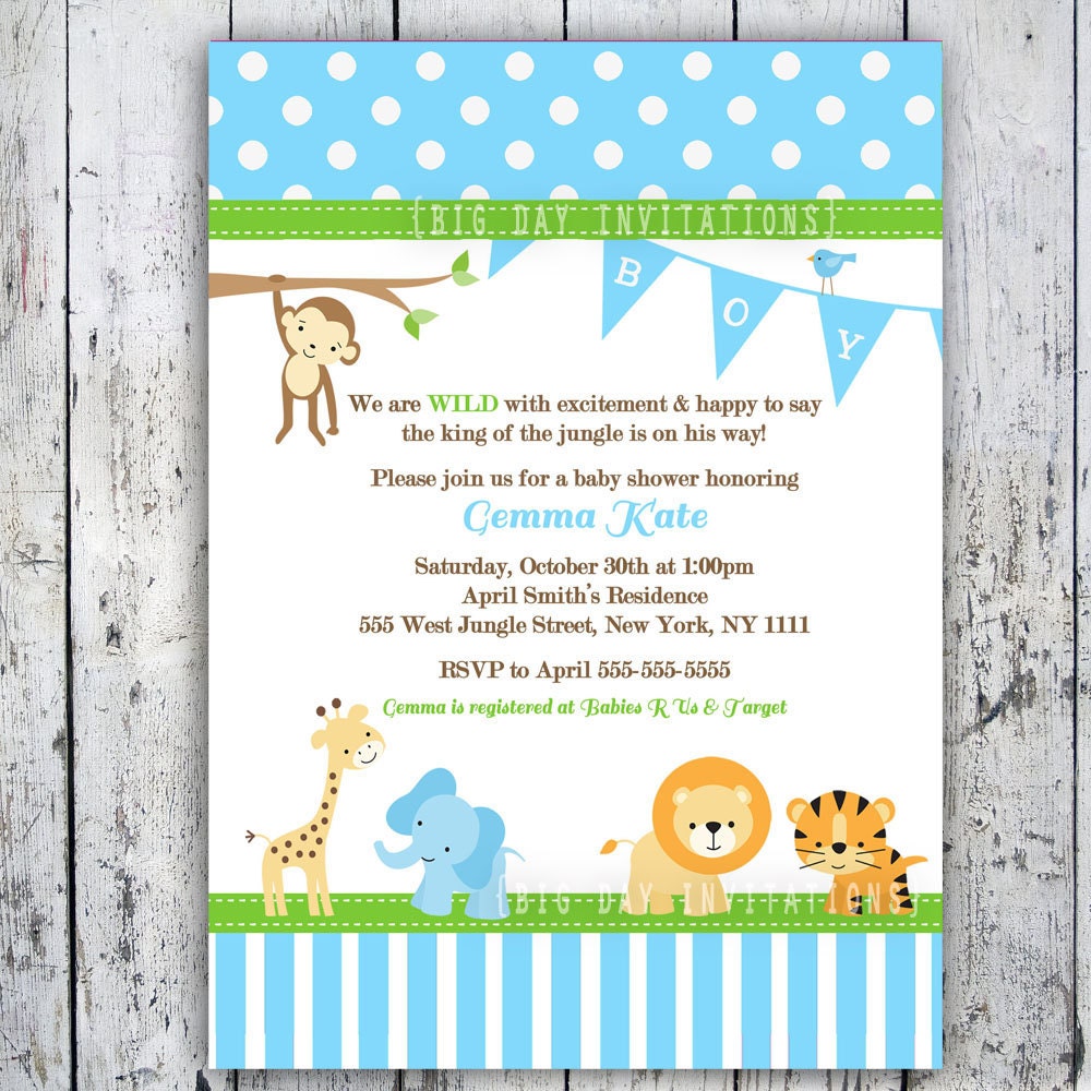 Safari Baby Shower Invitations Jungle Animal Theme Printable