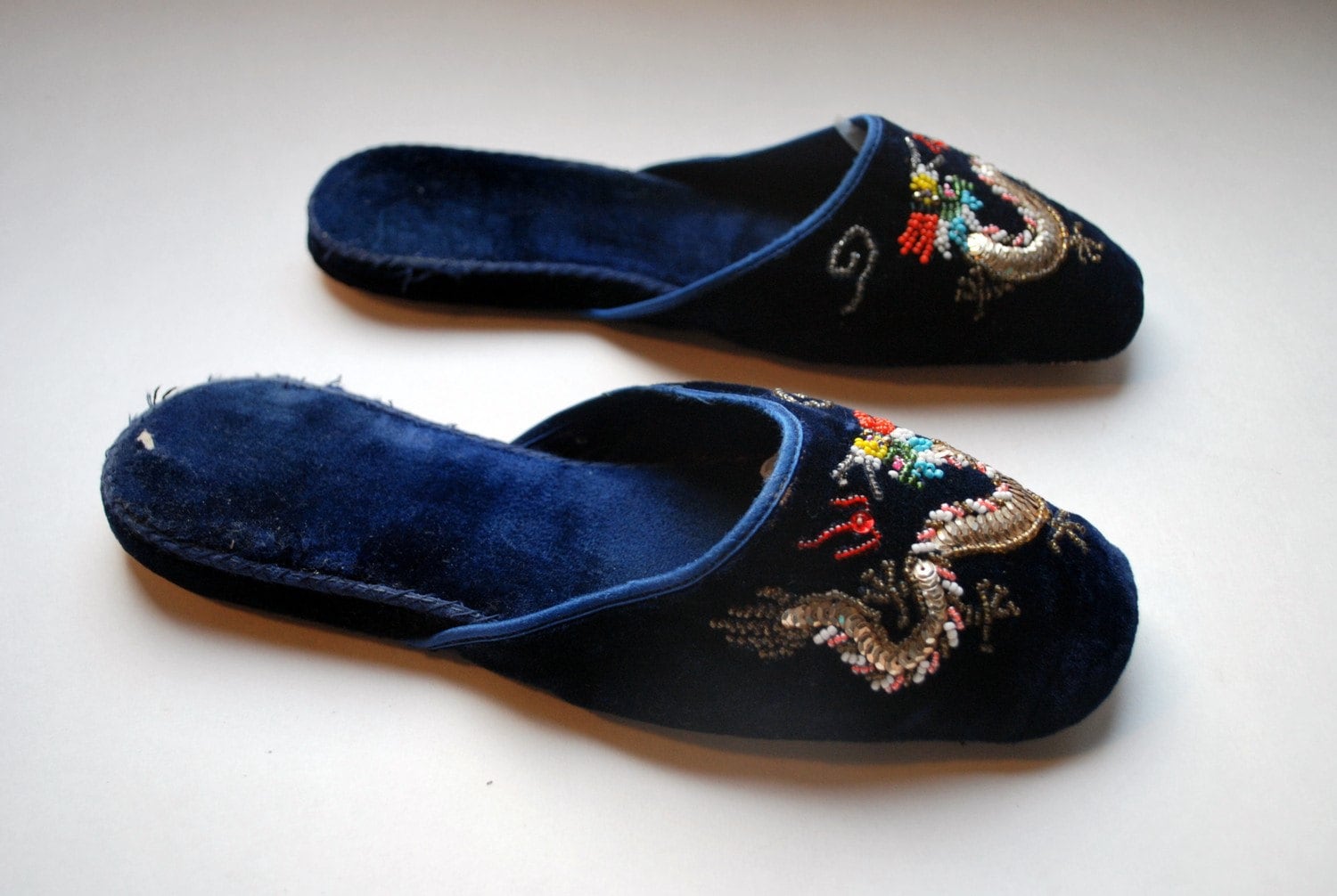 Bohemian Luxe housewife slippers .vintage royal blue velvet