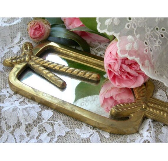 vintage brass hand held mirror