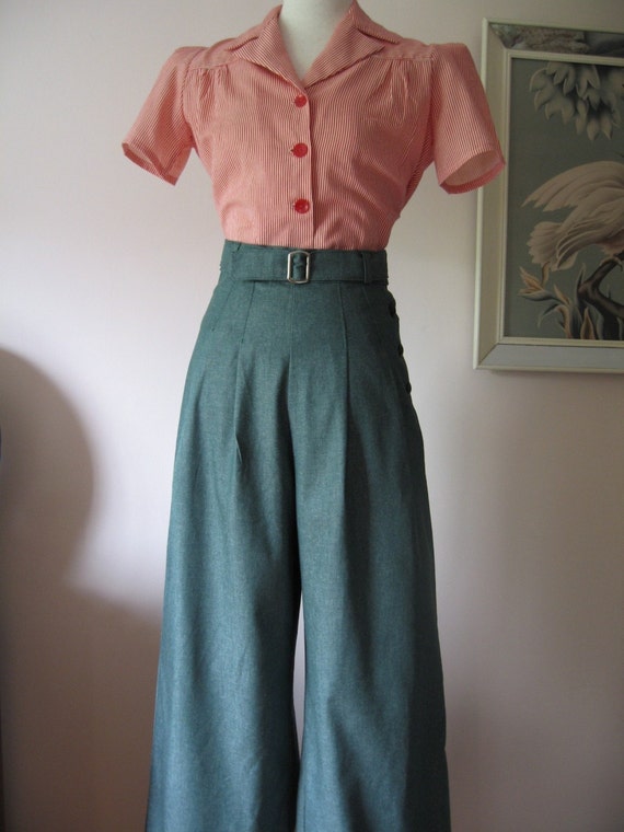 1930 s 1940 s VINTAGE  STYLE GREEN DENIM WIDE LEG PANTS