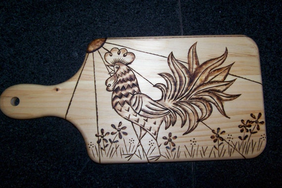 Wood cutting board with wood burned Rooster design