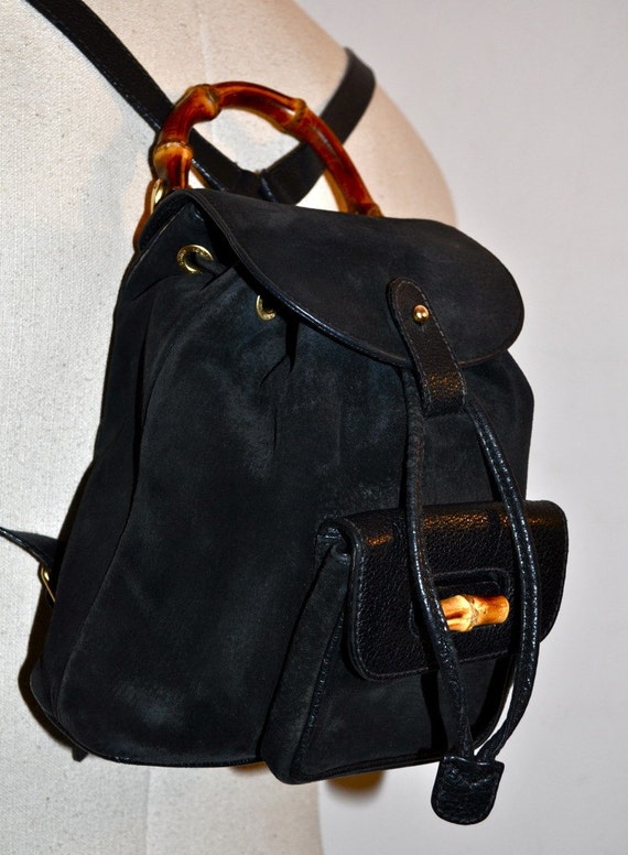 Vintage 80s GUCCI BACKPACK Black SUEDE and LEATHER with BAMBOO