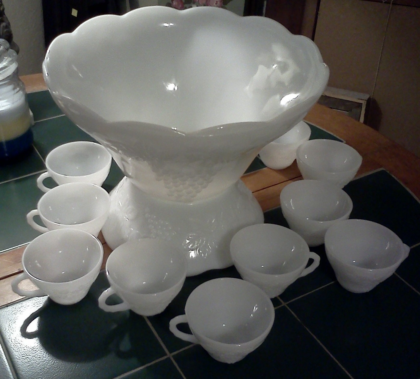 Anchor Hocking White Milk Glass Punch Bowl Set