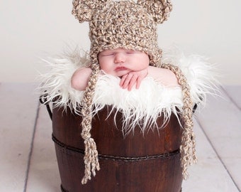 Newborn Baby Bear Earflap Hat - oatmeal