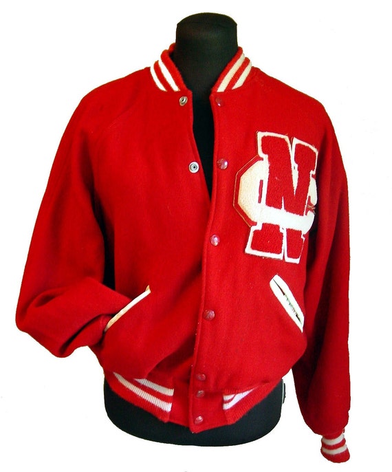 Vintage red letterman jacket athletic bomber wool sports NC