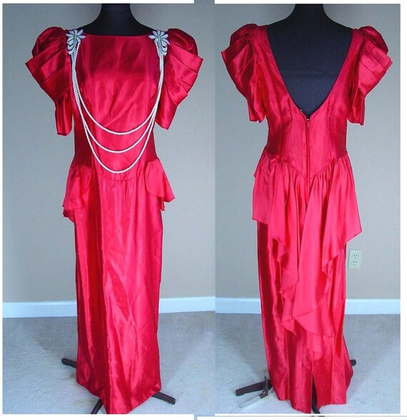 RESERVED Vintage red satin gown with peplum and pearls Size L