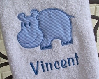 Monogrammed Kids Bath Towel with Hippo Applique - perfect for the beach, bath or pool