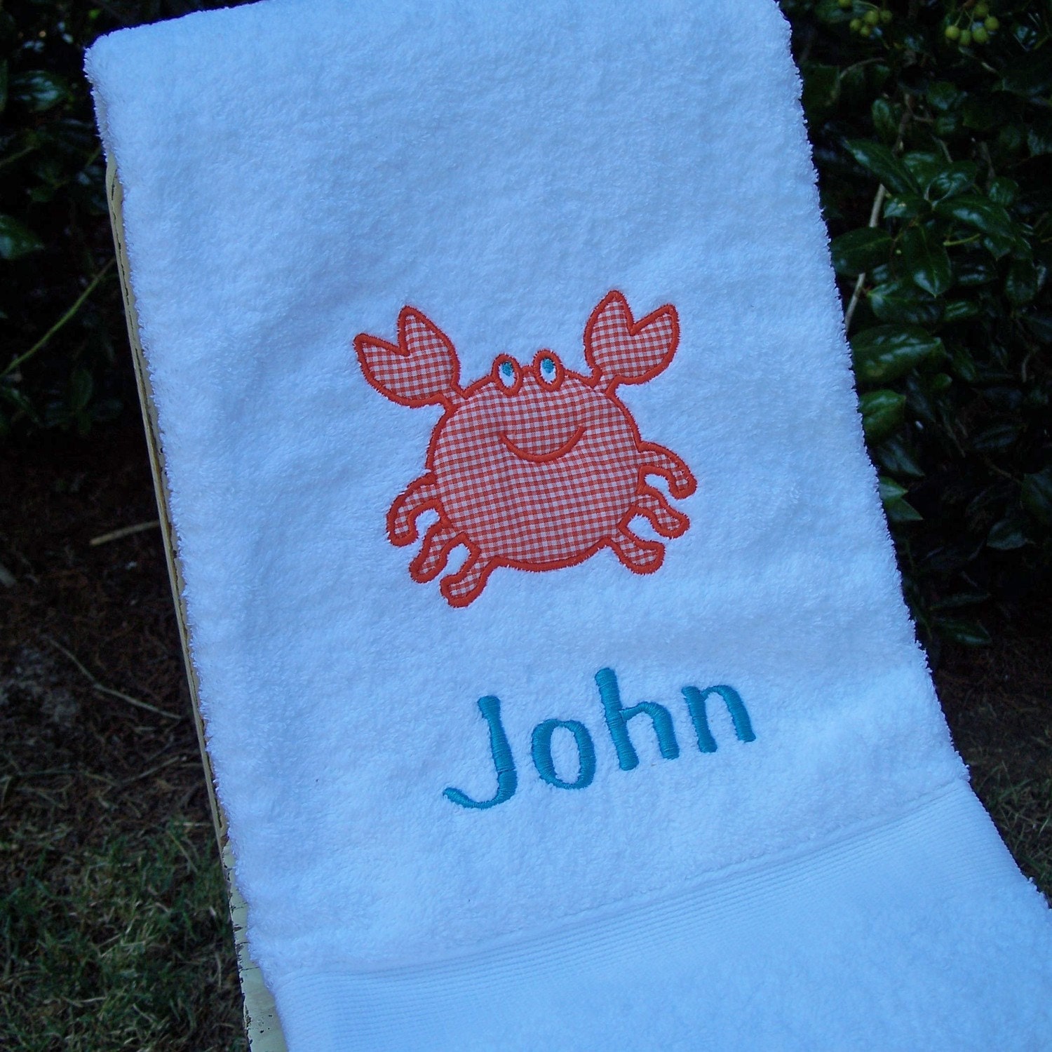 Monogrammed Kids Bath Towel with Crab Applique by MissMonogram
