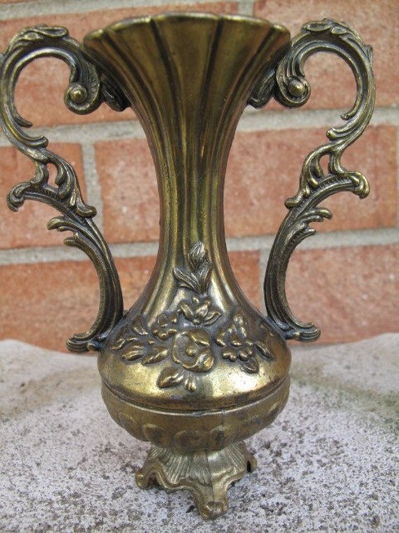Vintage Gold Tone Metal Vase / Brass Bud Vase / Ornate Cast