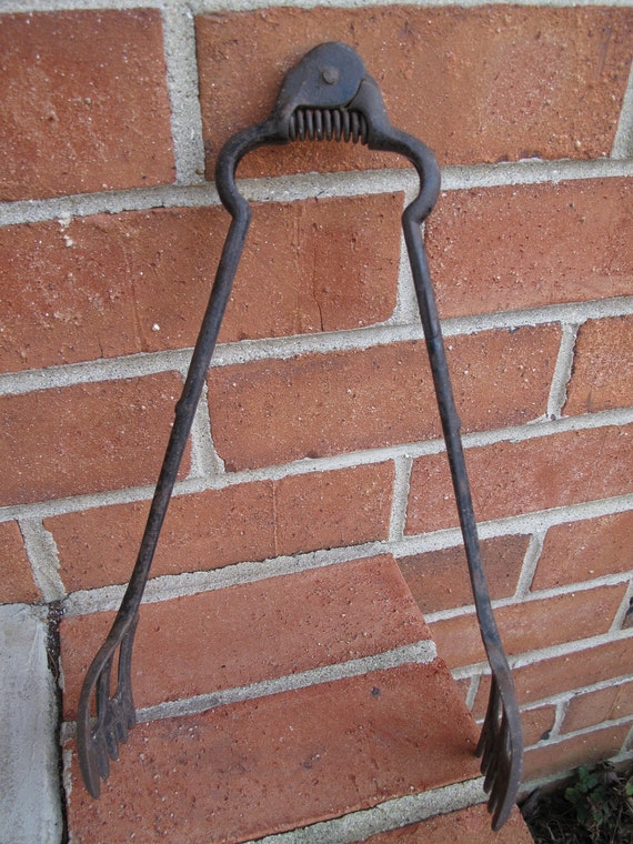 Vintage Fireplace Tongs / Antique Cast Iron Primitive Stove