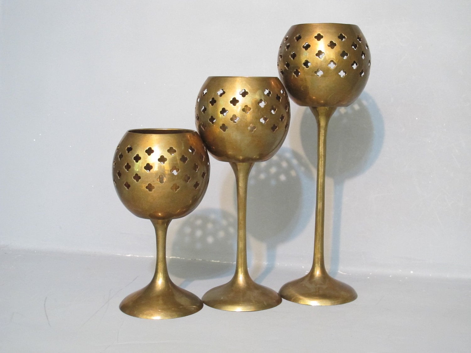 Vintage Set of 3 Brass Tea Light Candle Holders / Graduated