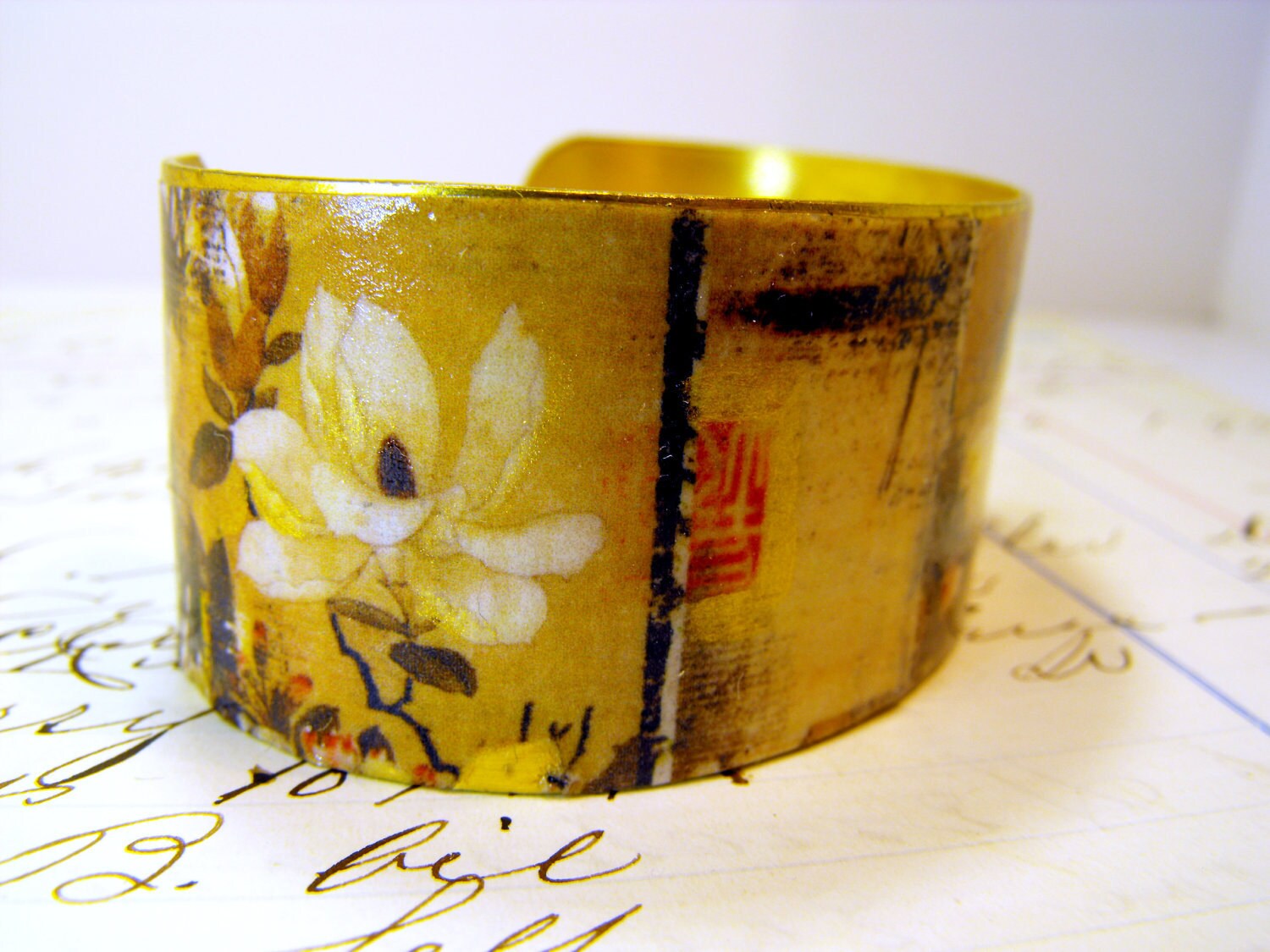 Brass Cuff Bracelet Handpainted Gold Accents Kicks on Route