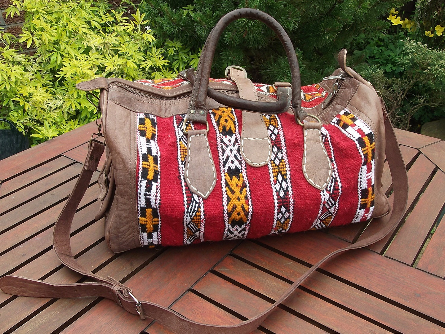 Big Moroccan Kilim Carpet Bag/Holdall. Genuine Leather and