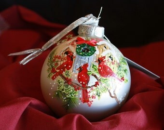 HAND PAINTED ORNAMENT - Red Cardinal Birds - w/3d - Item 167