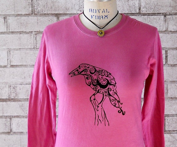 Raven Long Sleeved Tshirt Womans Pink Shirt screenprinted