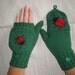 Hand-knitted green color women convertible fingerless gloves/wrist warmers to mittens with ladybugs