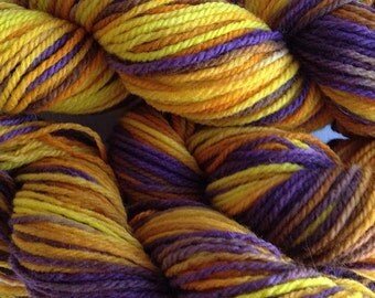Merino Wool Yarn Worsted Weight Hand Dyed Yarn in Valley Sunflower Hand Painted Yellow Orange Purple