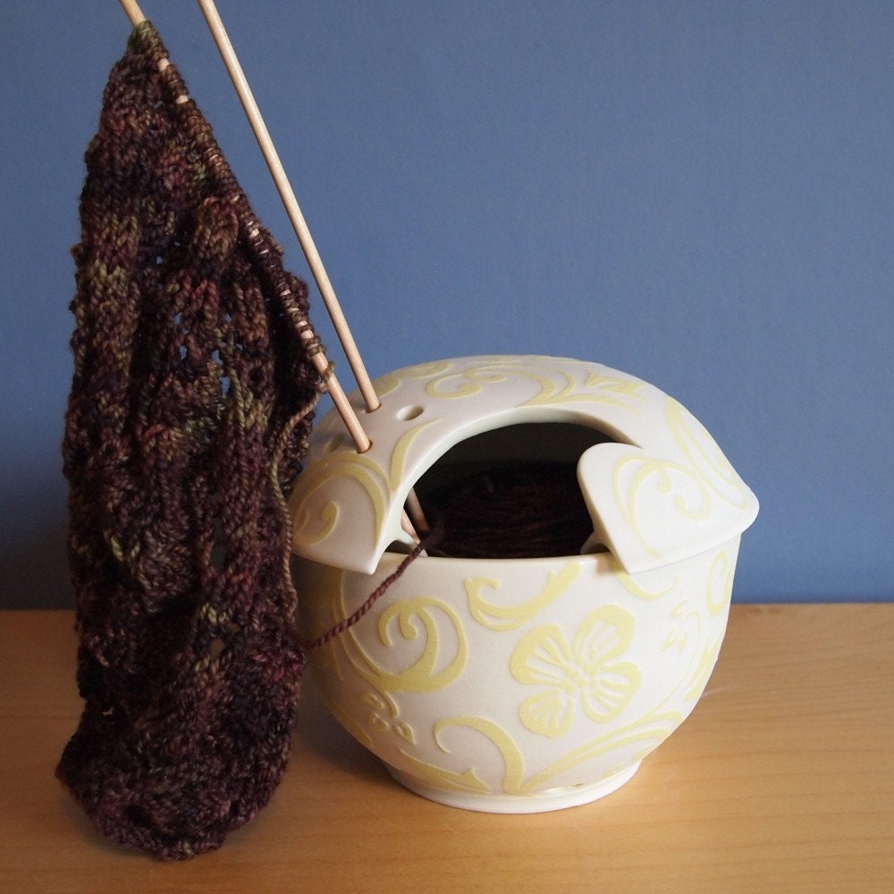 yarn bowl with embossed yellow swirls by jampdx on Etsy