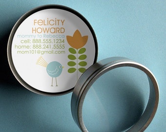 Felicity (Chick and Retro Tree) - 50 CUSTOM Round Calling Cards/ Business Cards/ Tags in Tin