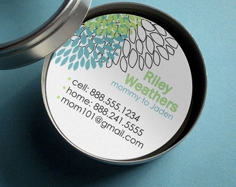 Riley (Retro Dahlias) - 50 CUSTOM Round Calling Cards/ Business Cards/ Tags in Tin