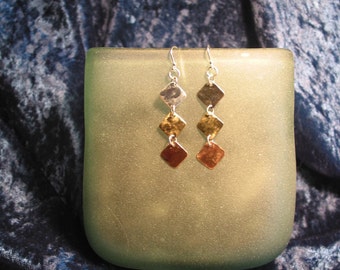 Silver, copper and brass squares drop from little silver earwires