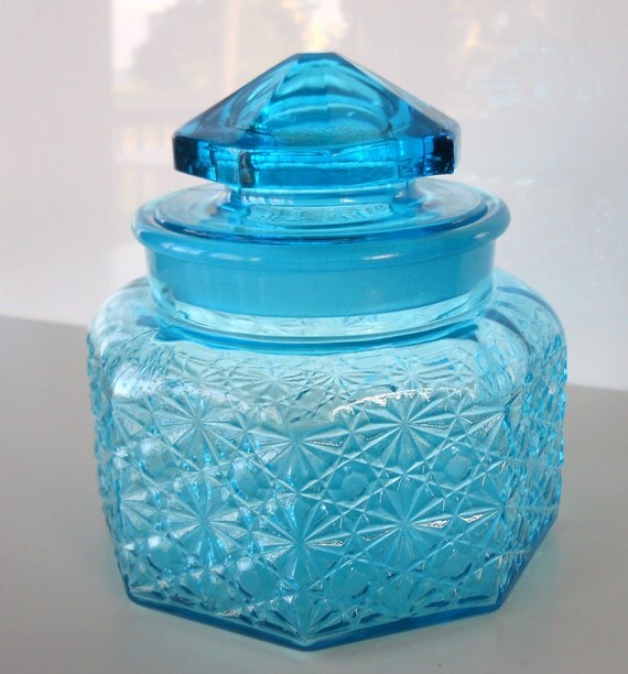 Vintage Daisy and Button Blue Glass Canister