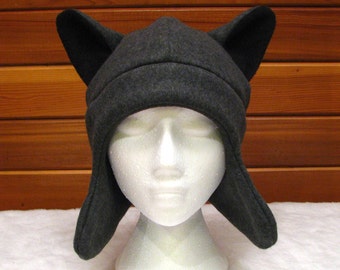 Gray Wolf Ear Hat - Dark Grey Fleece Animal Hat with Ear Flaps by Ningen Headwear