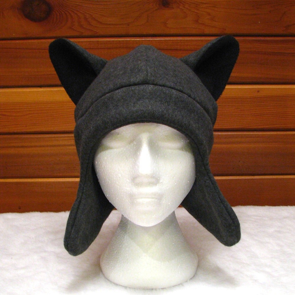 gray wolf ear hat dark grey fleece animal hat with ear flaps gray wolf ear hat dark grey fleece animal hat with ear flaps
