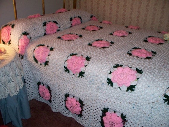 Rose Granny Square Bedspreadcoverlet Crocheted