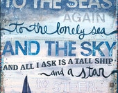 14 x 11 paper print - Sea Fever - inspirational nautical artwork with blues, rustic beach decor word art typography poem