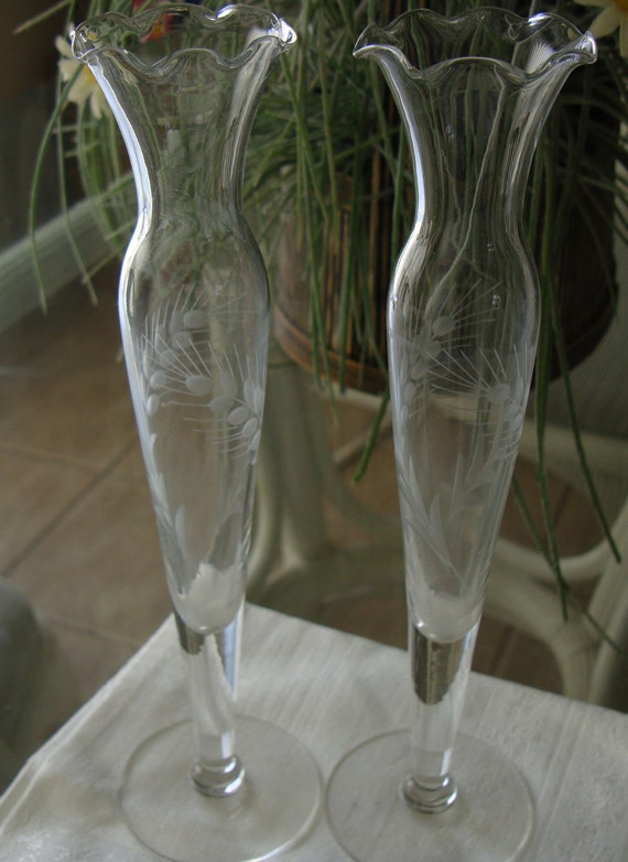 PAIR of Etched Crystal Bud Vases 10 inches high by EarlyDaze